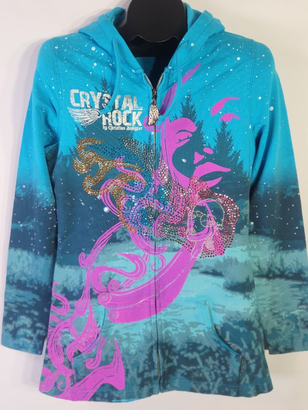 Christian Audigier Crystal Rock Y2K Turquoise Crown Zip Hoodie – Size M